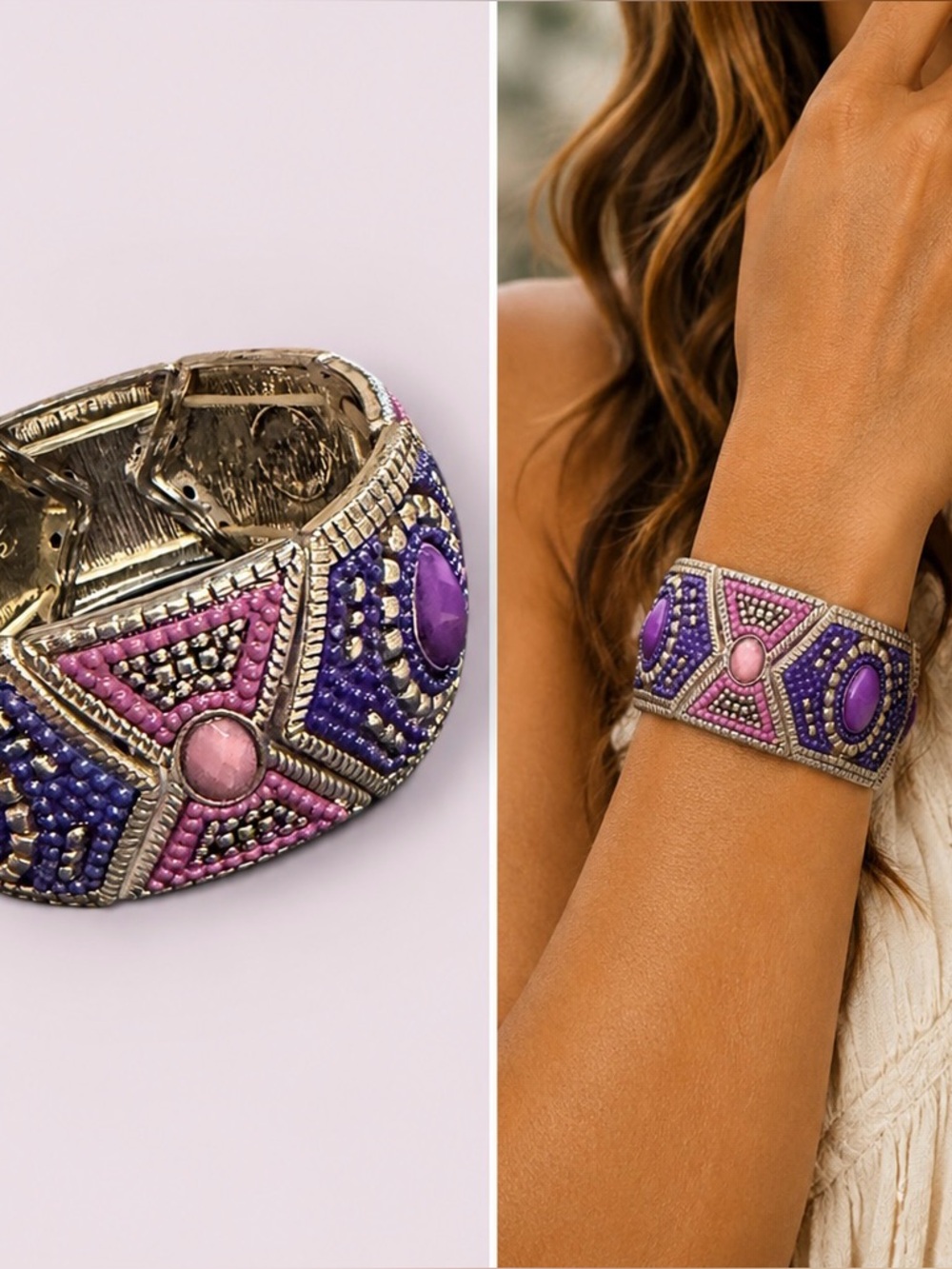 Pink & Purple Aztec Beaded Statement Bracelet